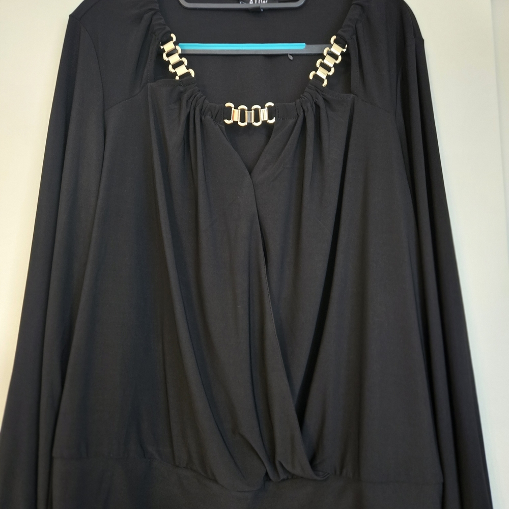 Chic Black Draped Women's Top with Gold Accent